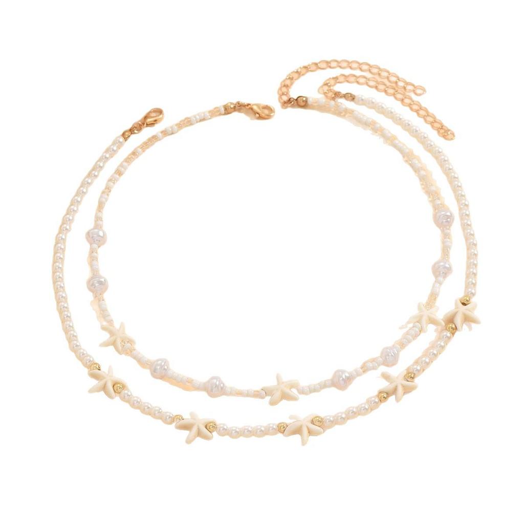 European & American Ocean Style Necklace with Irregular Pearls, Gold Beads, and Starfish Pendant