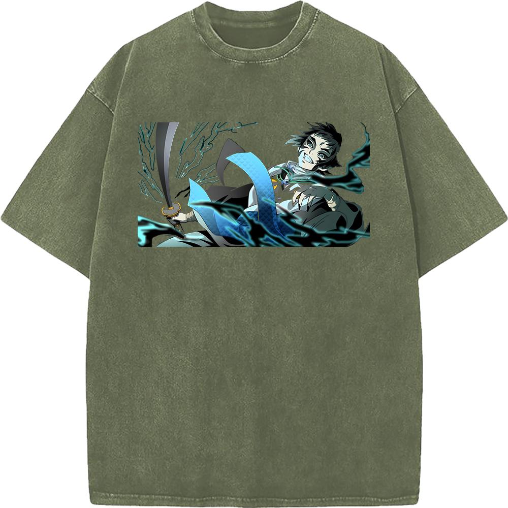 Kaigaku Graphic Washed T Shirt Demon Slayer Anime Tee Men Oversized Cotton Tshirts Harajuku Male Short-sleeve Vintage T-shirt
