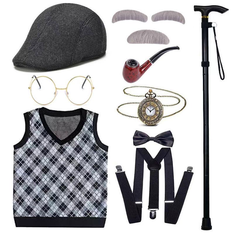 Disfraz de abuelo premium con peluca, chaleco elegante y accesorios para niños y adultos.