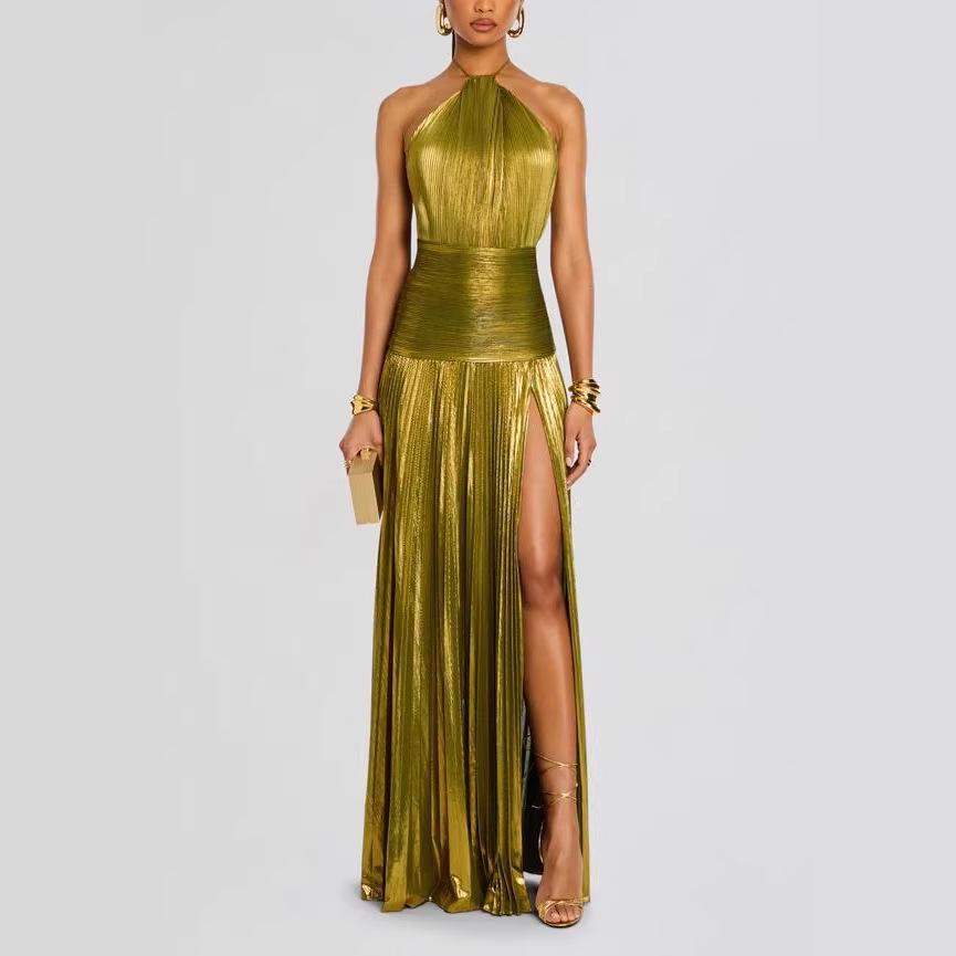 European and American Women's Metallic Pleated Slit Halter Dress Sleeveless Backless Lace-Up 8155