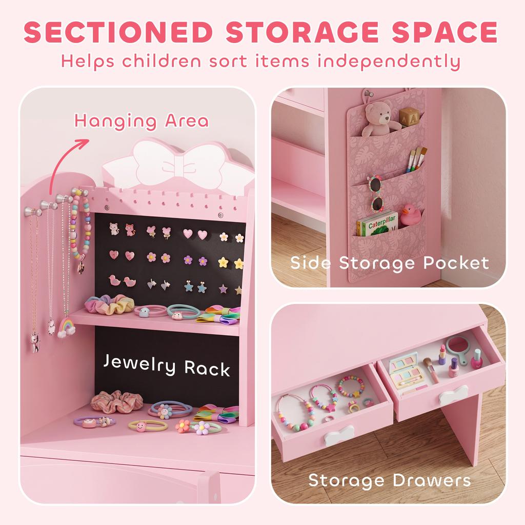 Kids Dressing Table, 3-in-1 Kids Vanity Set with Stool, Pink
