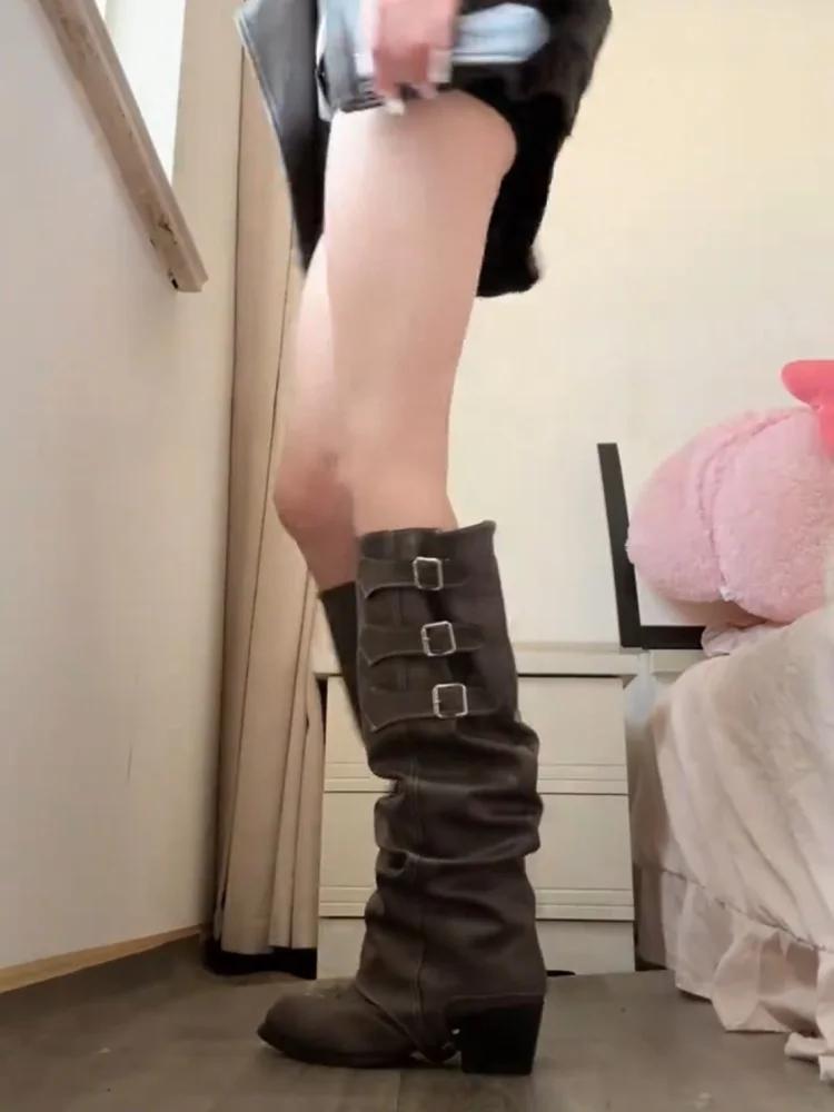 Retro Western Cowboy Boot Women's Pointed Long Boot Faionable High Top PU Leather Autumn New