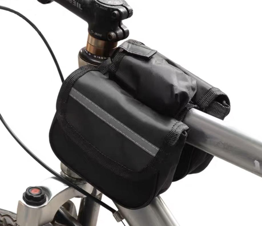 Two-compartment bicycle frame bag with reflector