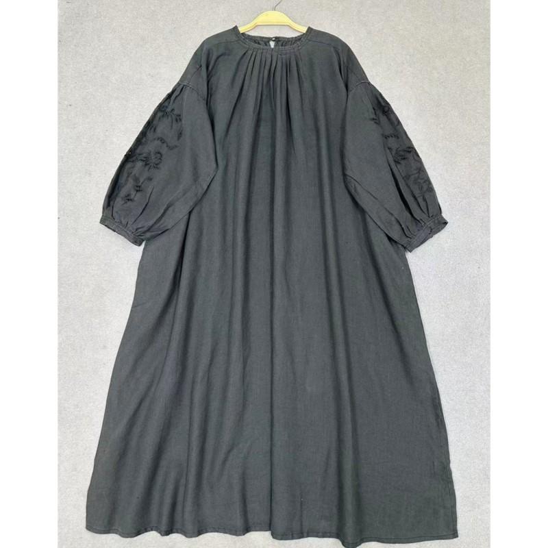 Johnature Round Neck Hollow Embroidery Long Sleeve Dress Women Autumn Winter Vintage Round Neck Pleated Robe Dress