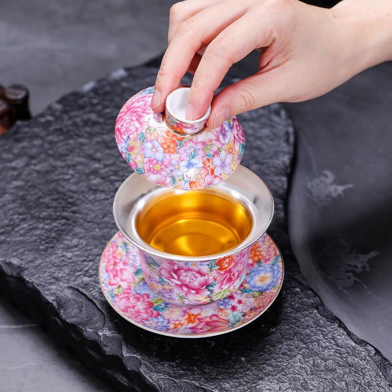 Chaxun 999 Gilt Silver Enamel Ceramic Kung Fu Tea Set