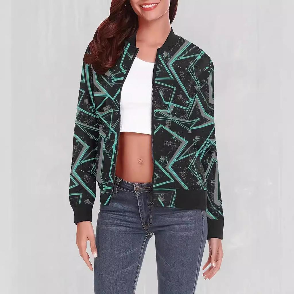 European and American Spring New American Retro Line Printing Jacket Zipper Jacket Temperament Commuter Women's Baseball Jersey MD3