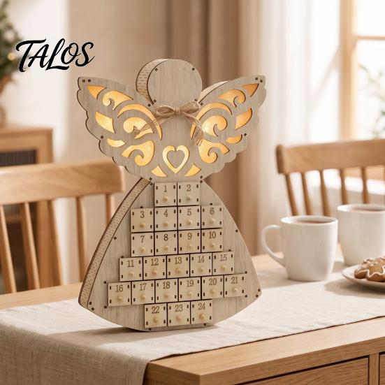 Christmas Light Up Decor Wooden Angel Advent Calendar with 24 Storage Drawers, Countdown for Home to Tabletop Decoration Winter Holiday Party Favors
