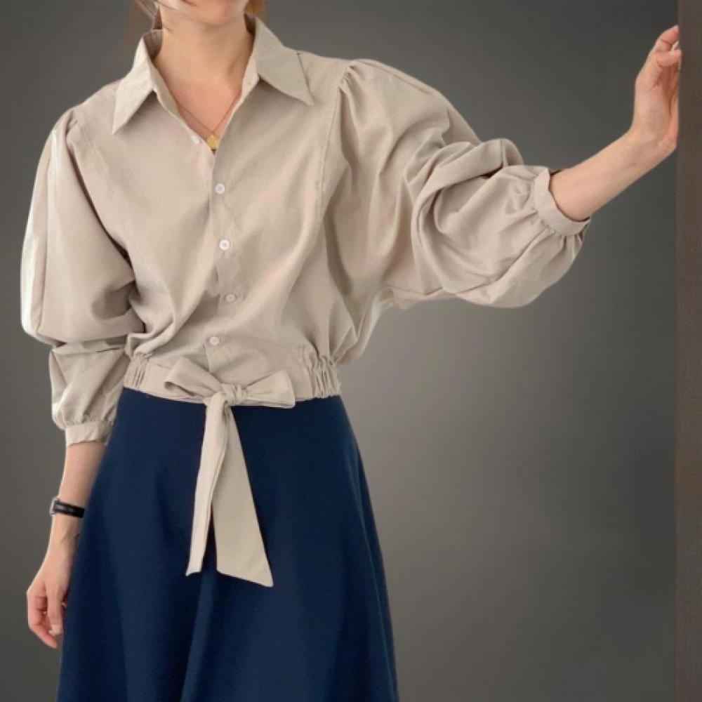 New Arrivals Open Run Women Ribbon Puff Collar Cut Blouse