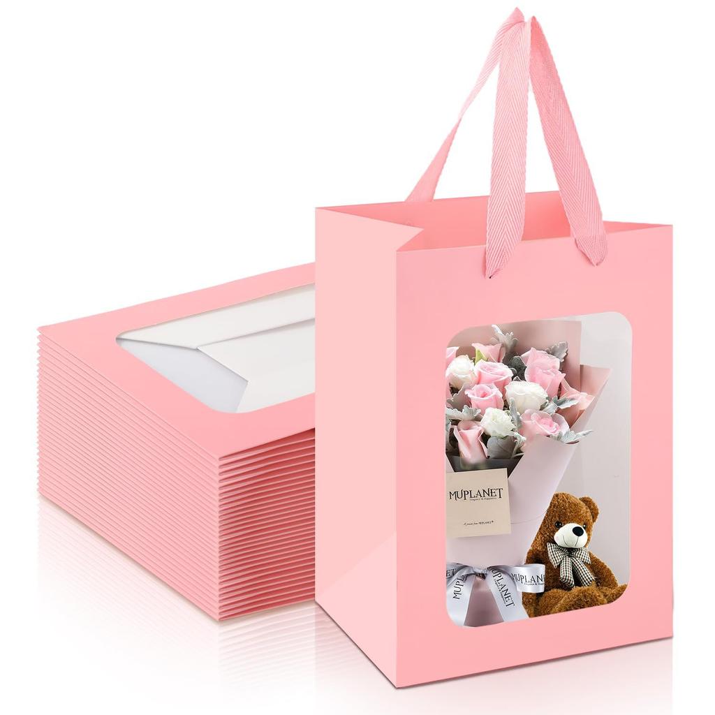 10pcs Window Gift Bags With Ribbon Handles For Flower Bouquet Presents Valentines Day Party Favors Bridal Shower Packaging Packs