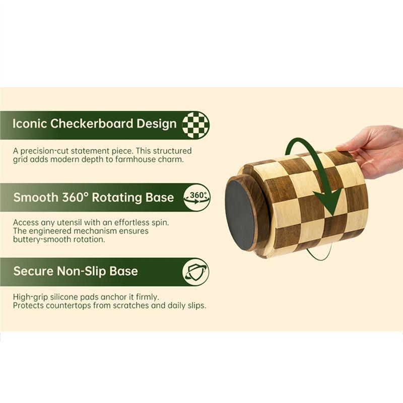 Wooden Utensil Holder For Kitchen, 360° Rotating Wood Large For Countertop Utensil Storage Rack