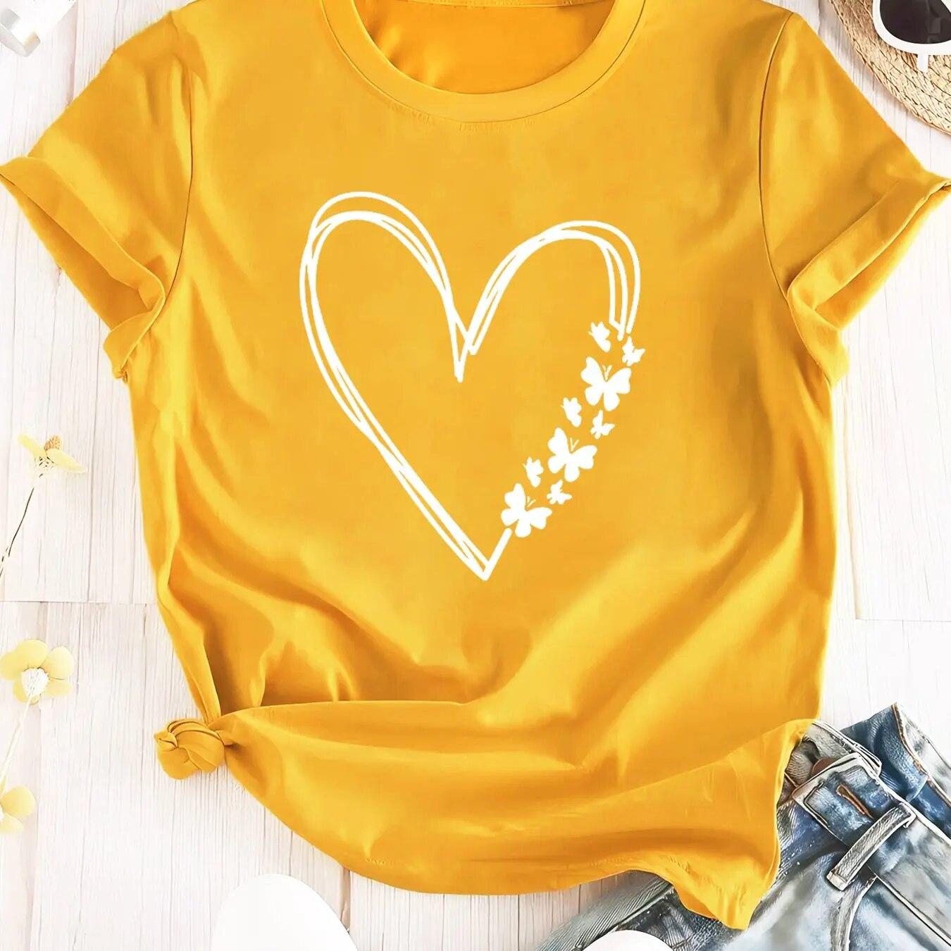 

Футболка унисекс с принтом сердца, повседневный топ с круглым вырезом и короткими рукавами для лета и весны, одежда WoUnisex, женские топы, футболки 4XL