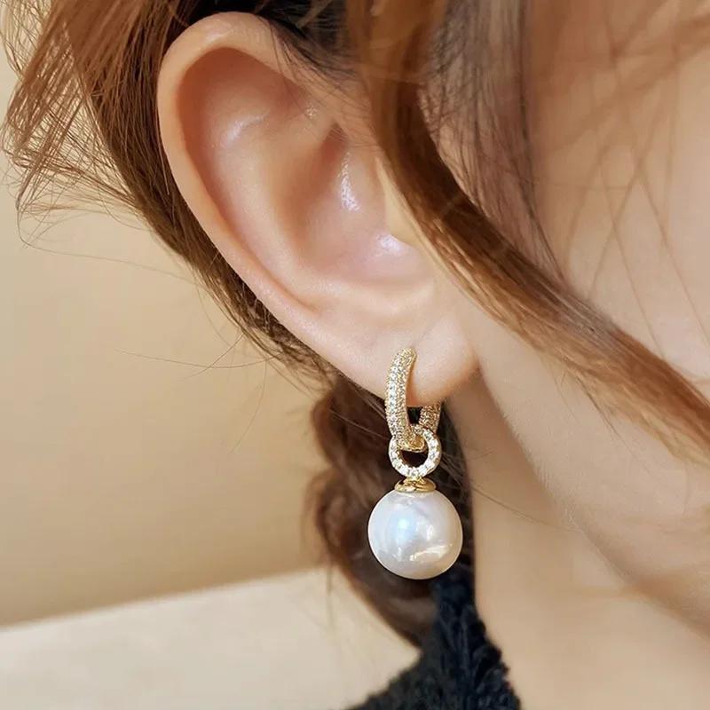 PONYKISS Sterling Silver Needle Zircon Pearl Round Hoop Earrings for Women Trendy Fashion Minimalist Accessories