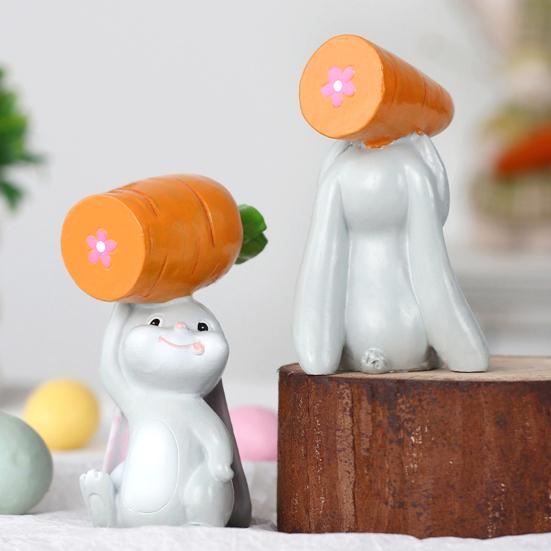 2Pcs Holding Carrot Rabbit Figurine Hand-Painted Carrying Radish Bunny Statue Resin Sculpture Easter Holiday Party Decoration Ornament