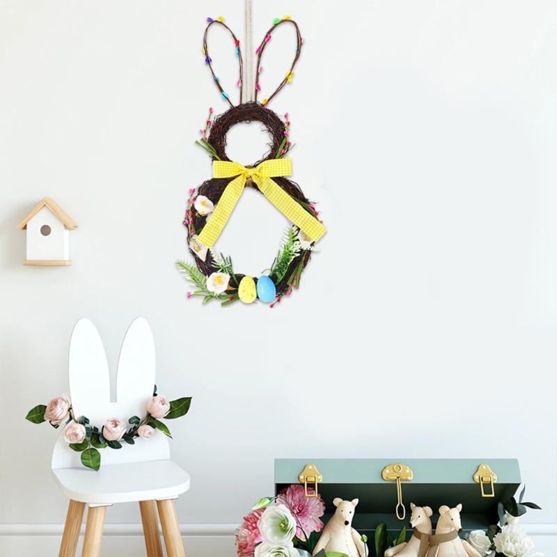 Flower Wreath Bunnies Easters Door Sign Artificial Flower Wreath Easters Decors for Farmhouse Front Door Porch Wall Decors