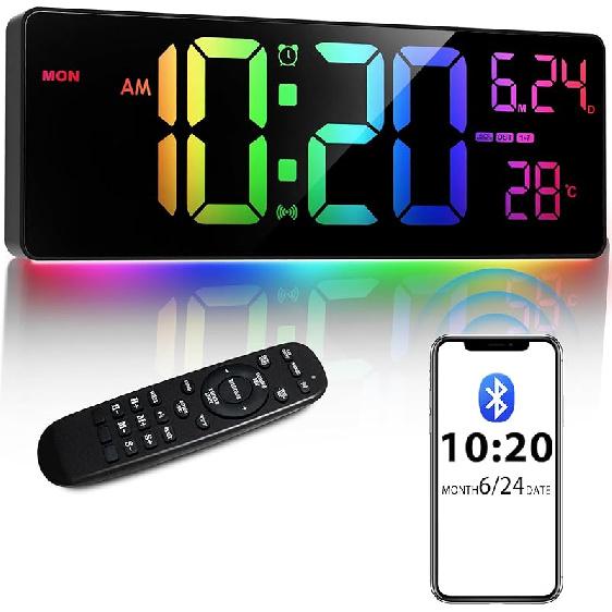 16 Bluetooth Large Digital Wall Clock/Auto Time Sync, 10 RGB Colors Digital Clock Large Display with Remote, Auto-Dimming/DST, Calendar, Timer, 16 inch Bluetooth Version