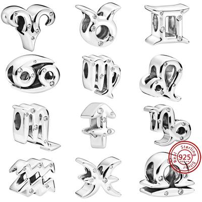Sparkling S925 Sterling Silver Zodiac 12 Constellation Beads Aries Cancer Libra Charm Fit Original  Bracelet  Jewelry Gift