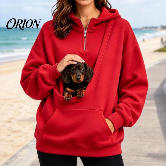Travel Sweatshirt with Front Pouch Women Hoodie Pet Carrier Pocket, Half Zipper Pullover Sweatshirt, Dog for Small Pets Loose Fit Long Sleeve