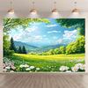Cute Floral Meadow Tapestry, Sunny Green Field with Daisies, Trees and Snowy Mountain Wall Art