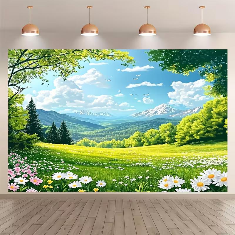 Cute Floral Meadow Tapestry, Sunny Green Field with Daisies, Trees and Snowy Mountain Wall Art