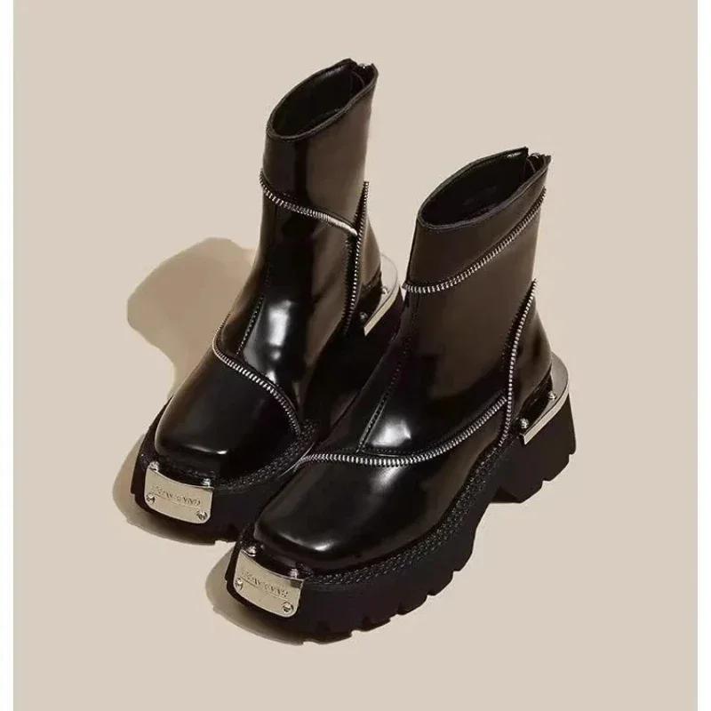 2025 Shoes Female High Quality Zip Women's Boots Spring Round Toe Solid Short Barrel Mid Heel Water Proof British Boots Zapatos