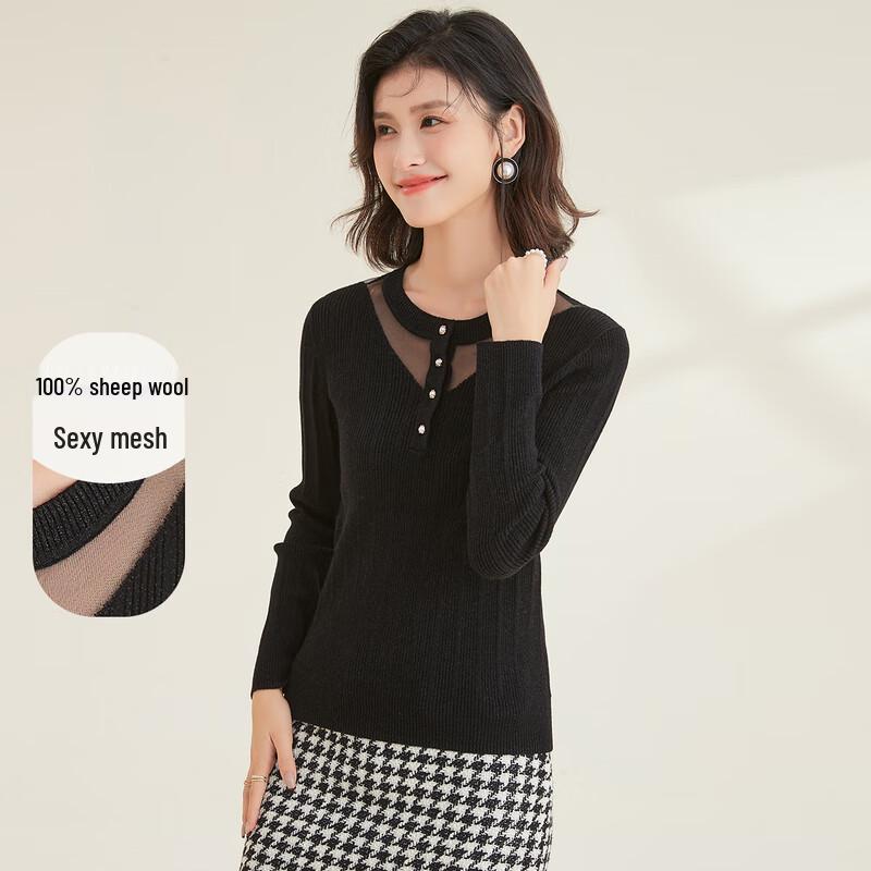 

Women s Pure Wool Round Neck Sweater with Mesh Details S