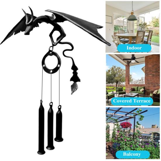 Windspiel aus Metall mit fliegendem Drachen und 3 Röhren, natürliche, beruhigende Melodie, für Garten, Terrasse, Außenbereich, Vintage-Drache, hängende Windglocke, Dekoration, Ornament