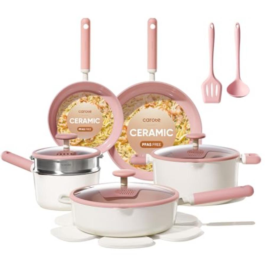 

Pink Ceramic Cookware Set 15pcs Nonstick Pots and Pans Non Toxic Kitchen Utensils Set Dishwasher Safe RV Camping Cookware розовый