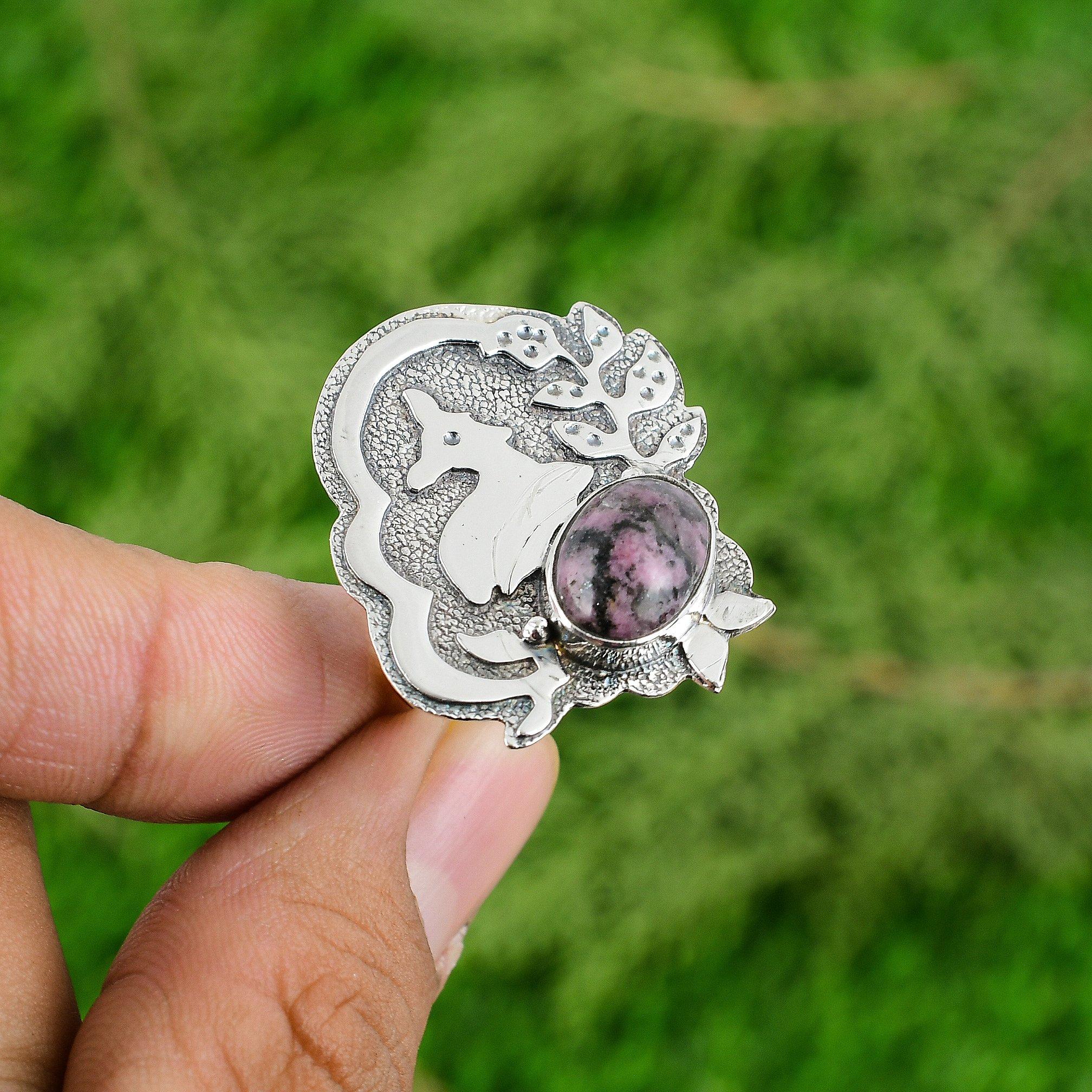 

925 Sterling Silver Natural Rhodonite Birthday Wife Stackable Bezel Ring Jewelry Adjustable