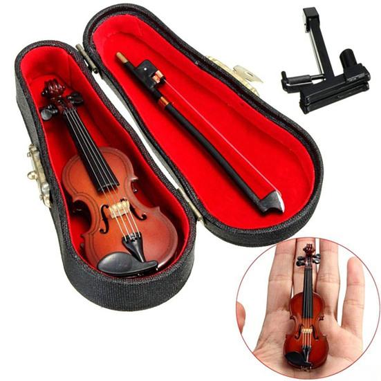 Wooden Mini Violin Model with Stand Playable Tiny Violin Figurine Miniature Musical Instrument Ornament Home Office Desktop Decoration