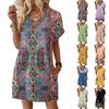 Damenmode Druck V-Ausschnitt Kurzarm Tasche Lässiges Pulloverkleid