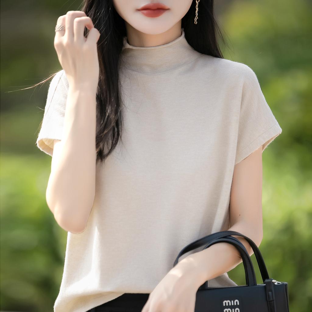 Women's Batwing Sleeve Knit Turtleneck Top Solid Andy Velvet Casual Slim Fit Short Sleeve Base Shirt