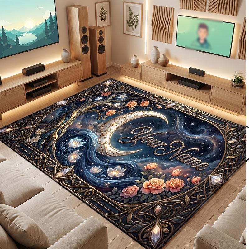 Tapete de Chão de Veludo Cristal Tema Cósmico Espacial Nome Personalizado Texto Tapete Quente Decoração de Casa