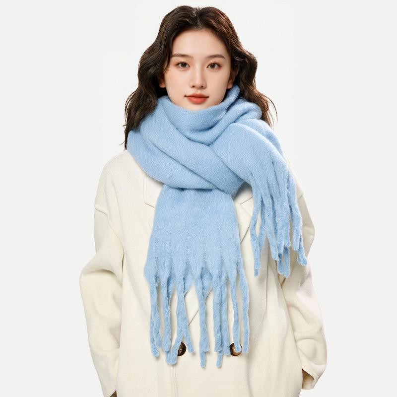 Winter New Mohair Women Scarf Girls Female Warm Thickened Solid Long Scarves Soft Coarse Braid Tassel Shawl Retro Wrap Shawls