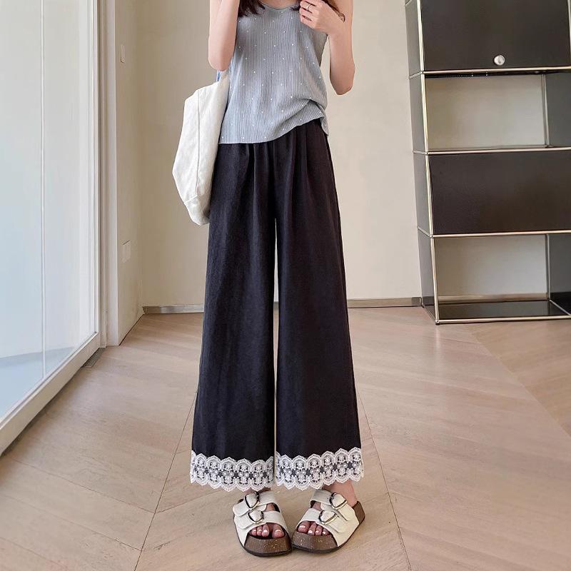 2025 Damen High Waist Spitzenbesatz Eisseide Weitbein Hose - Sommer Schlankmachende Freizeit Hose