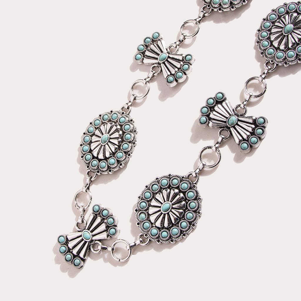 Classic Geometric Turquoise Metal Waist Chain Accessory With Design Carving