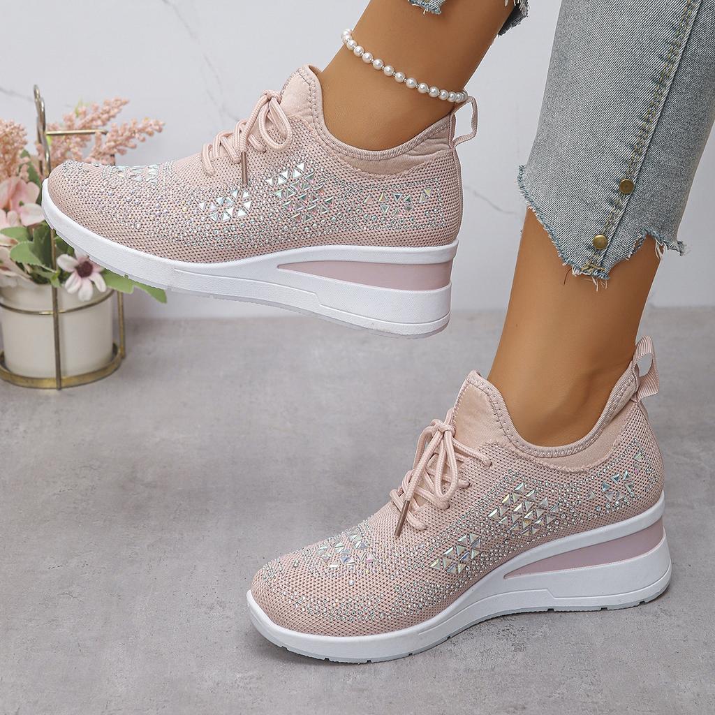 Fashion Women's Shiny Rhinestone Wedge Sneakers Breathable Knit Non Slip Walking Shoes Woman Plus Size Fashion Thick Sole White Sneakers