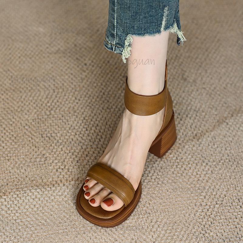 Retro British Style Roman Sandals Women's Buckle Strap Thick Heel Summer Open Toe Back Zipper Modern Sandals Size34 40