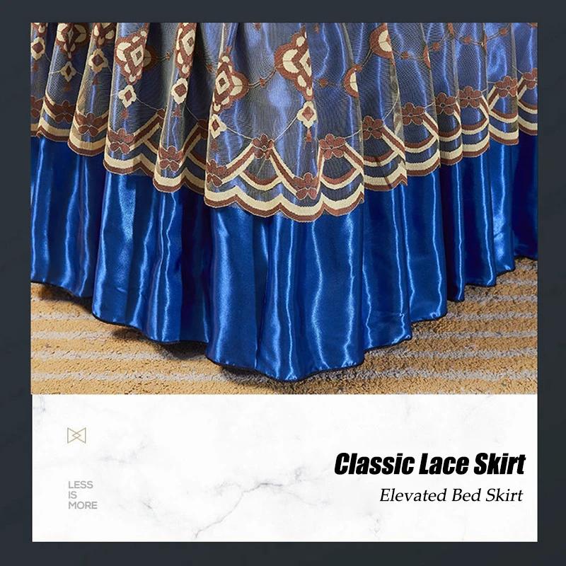 2/3 Stück Bettwäsche Klassische Spitze Königsblau bedruckte Tagesdecke Bettrock mit Gummizug für Queen King Size Laken Bett Waschbar