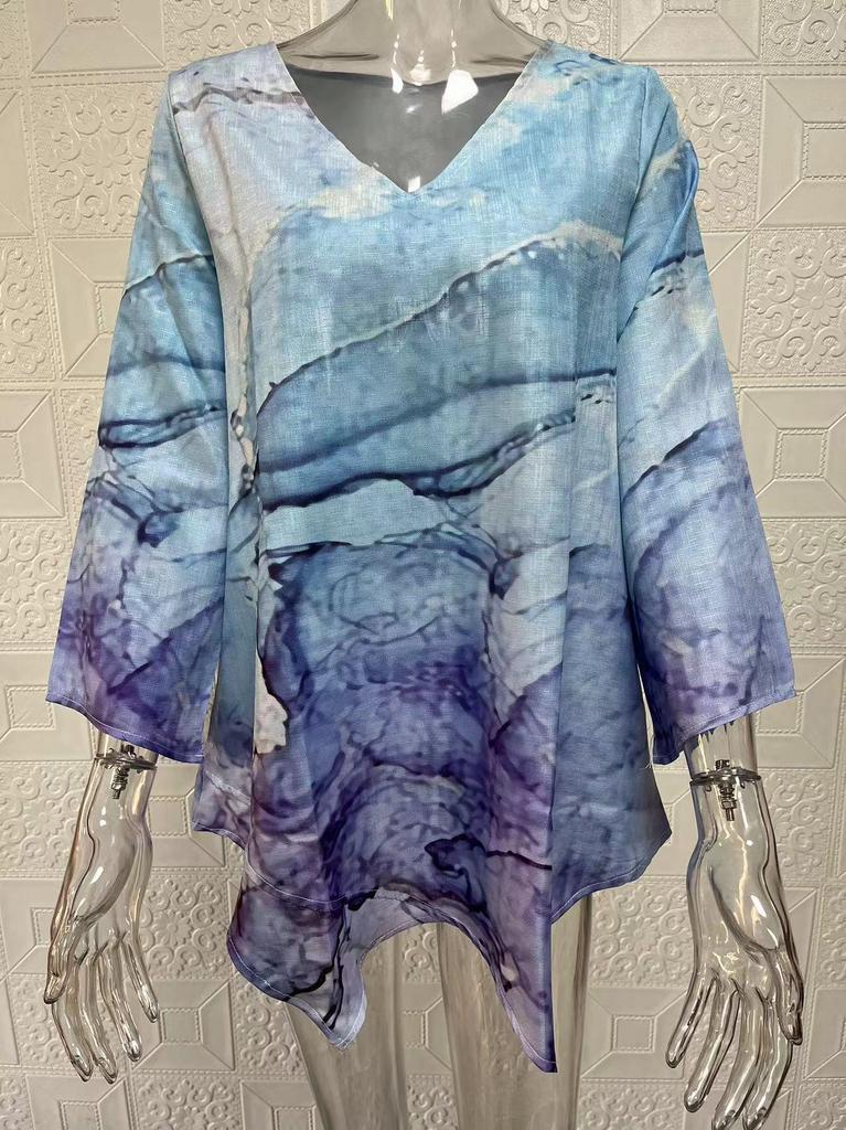 2024 Women's Plus Size Casual V-Neck Long Sleeve Printed Top