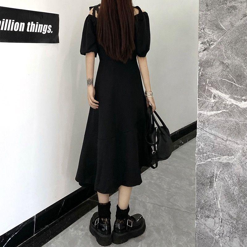 Black long dress women's summer new belly covering irregular knee thin suspender dress