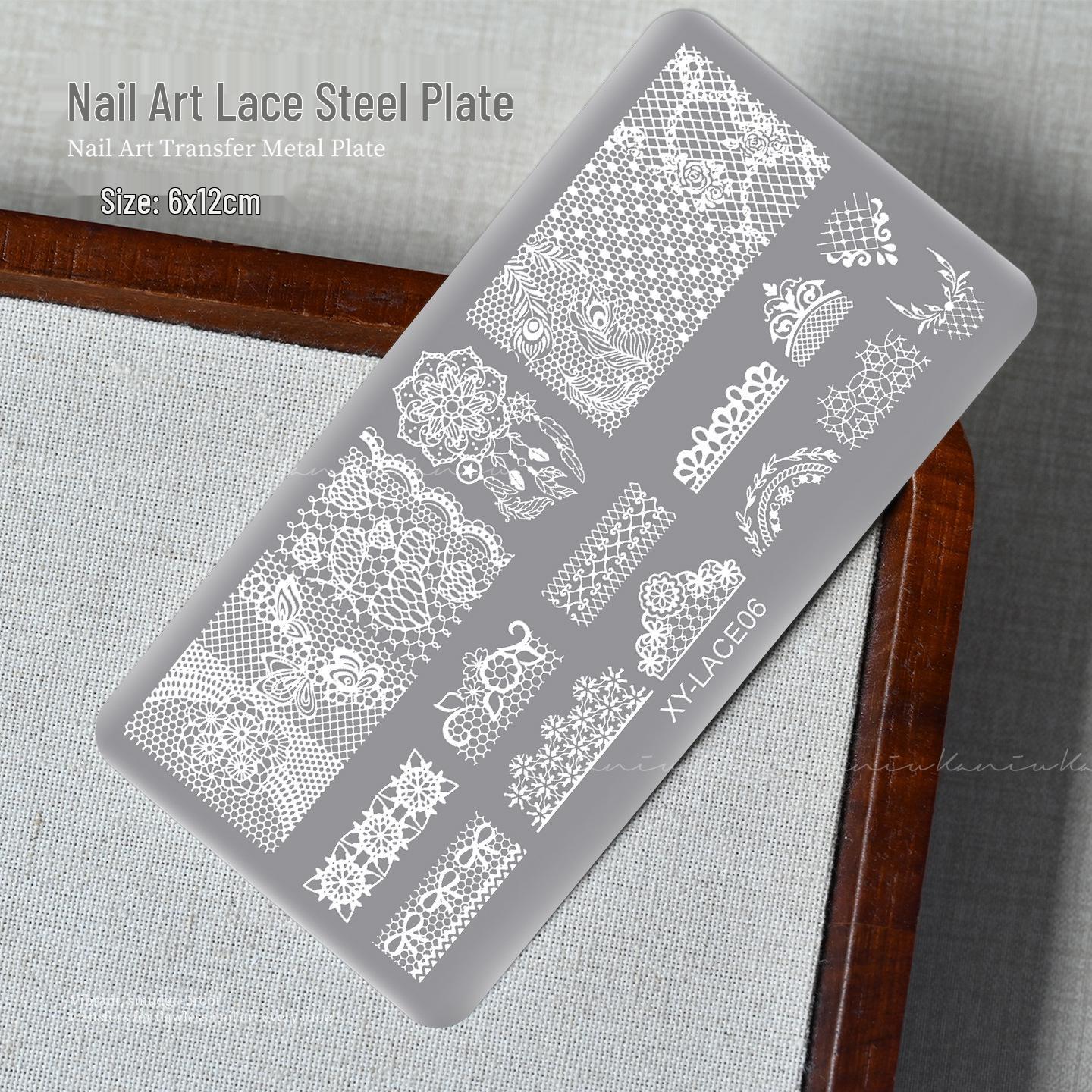 Инструмент для стемпинга (штамповки) на ногтях - металлическая пластина с узорами  Цветочная кружевная  и  Клетка  + скрапер
