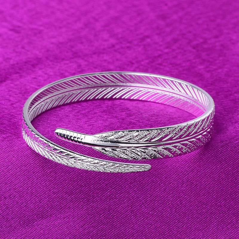 Women Bracelets Sterling Silver Feather Jewelry Accessories Girl Kids Gifts