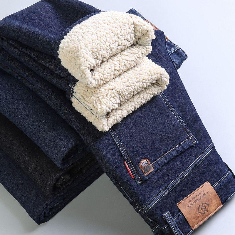 Men's Elastic Straight-Leg Thickened Jeans with Velvet Lining for Autumn and Winter