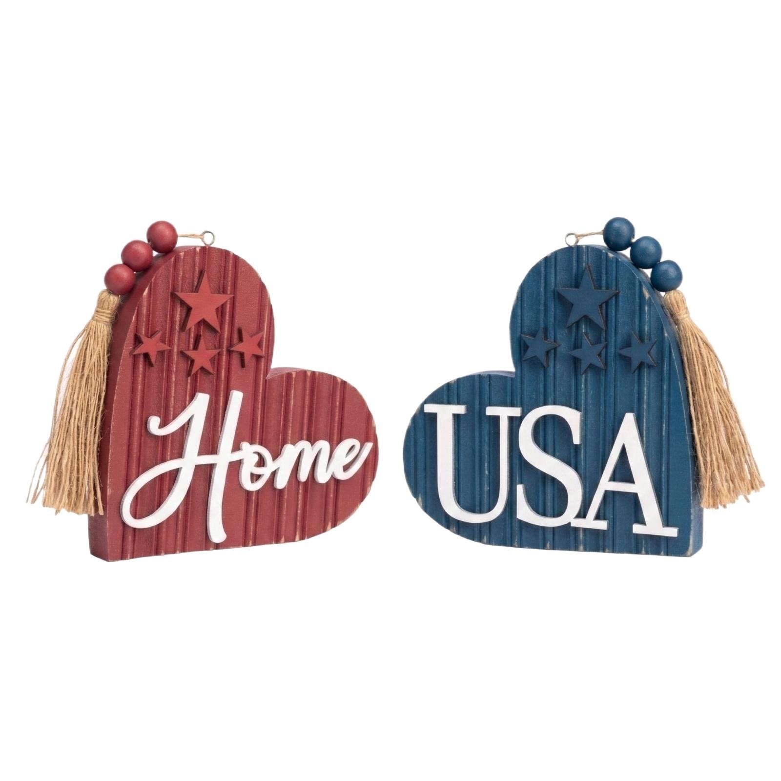 

Флаг в форме сердца ко Дню Независимости Красно-синие полосы и звезды Деревянное украшение для праздничных столов День Независимости One Size