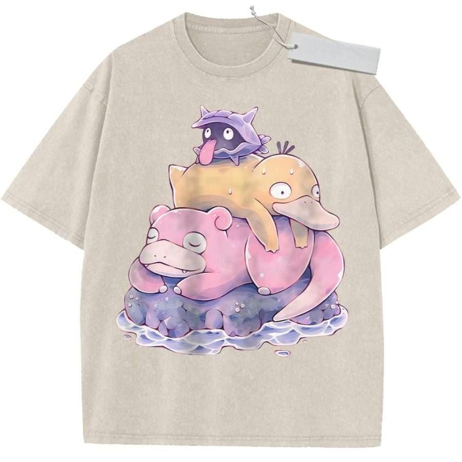 T Shirt Sports T Shirt Short Sleeve T Shirt Multi Color Unisex Pure Cotton Washed Retro Pokemon Snorlax Psyduck Porygon Print M