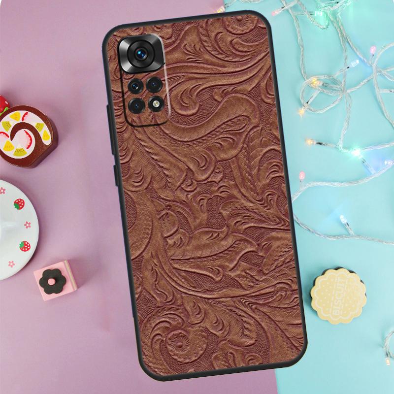 Brown Hand Tooled Western Case For Xiaomi Redmi Note 14 13 12 11 10 9 Pro 9S 10S 11S 12S Redmi 10C 12C 13C 14C Cover