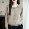 Women's Heavyweight Pure Wool Rose Embroidered Cardigan - Round Neck, Loose Fit Sweater