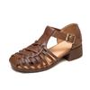 Dames Vintage Romeinse Sandalen - Bovenlaag Koeienhuid Gesp Enkelband Sandalen met 4cm Blokhak, Ronde Neus Comfortabele Zomerschoenen