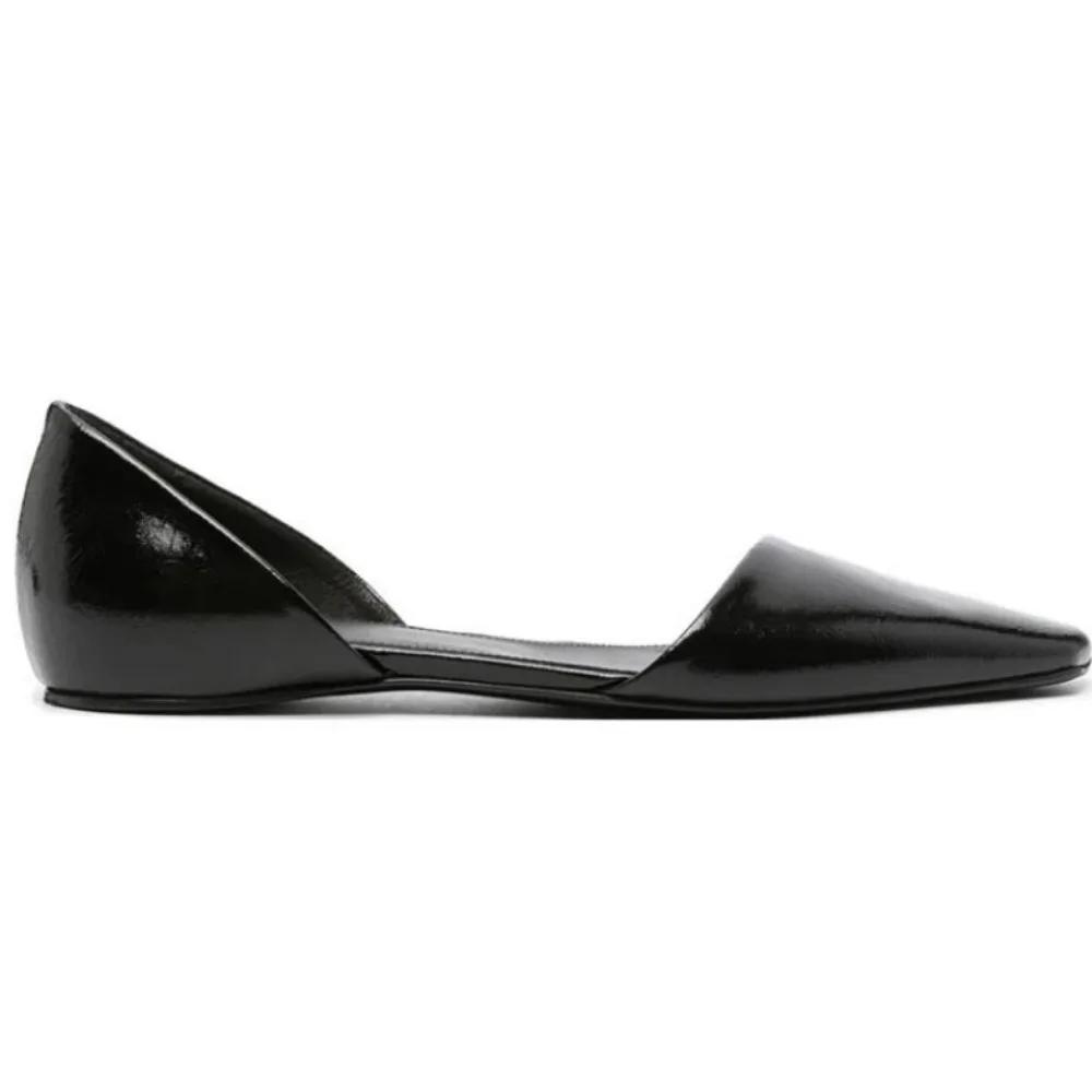 Fashion Genuine Leather Flat Shoes Women Retro Small Square Toe Slanted Mouth Hollow Single Shoes for Women Spring Autumn Flat Sandals