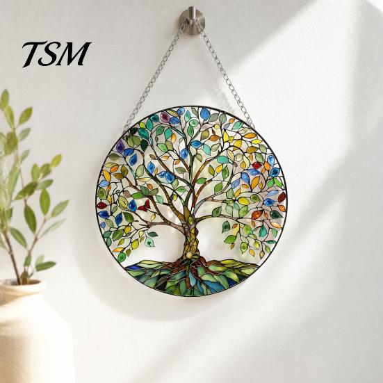 Wall Hanging Ornament Tree of Life Round Sign, Stained Glass Acrylic Suncatcher Decoration Decoration, Window for Indoor Outdoor